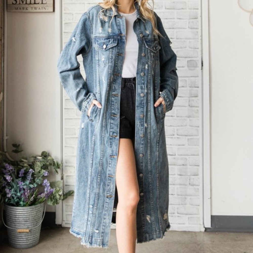 new VEVERET long denim jean jacket duster distressed boho western  XS-3XL